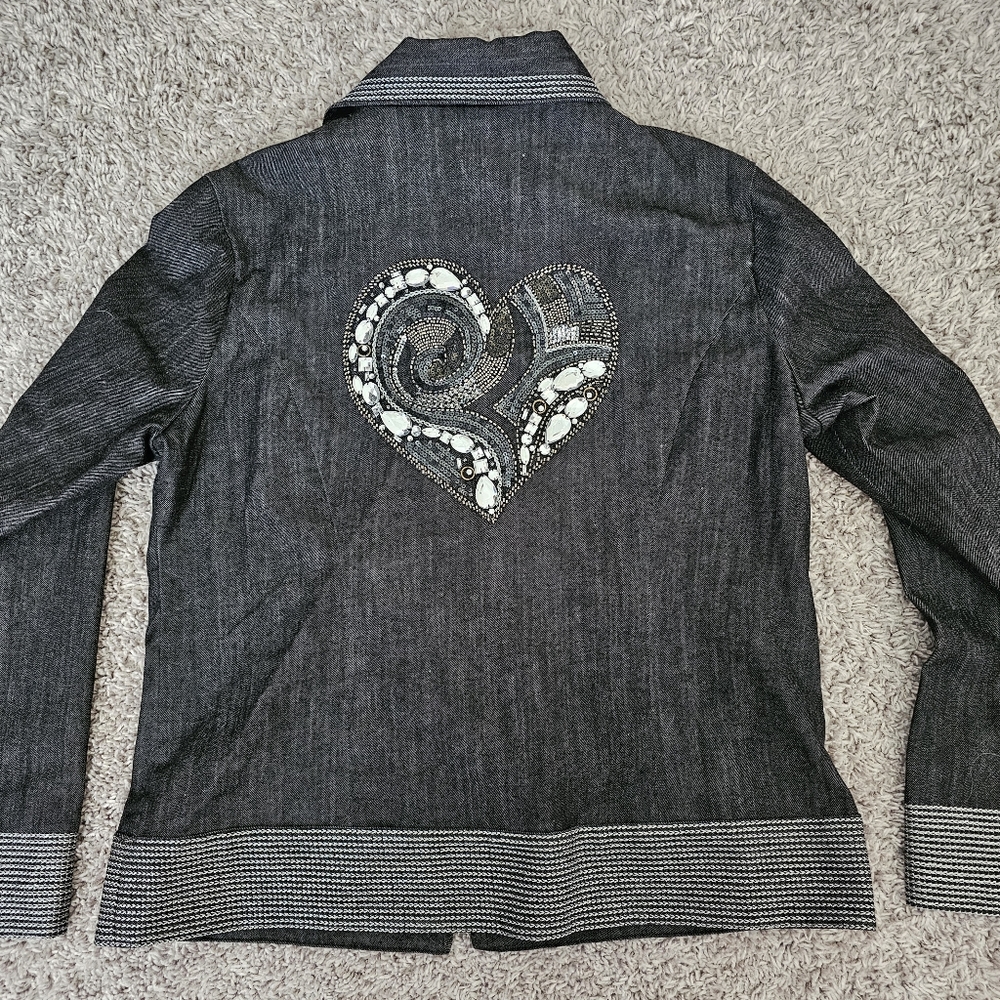 Chico's Denim Jean Jacket Size 1 (8) Medium Black Rhinestones Heart Shape